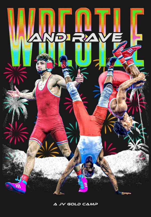 The Wrestle and Rave design — WRESTLE AND RAVE lettering with two wrestlers, fireworks and palm trees