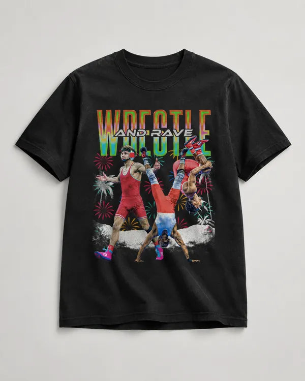 Black Wrestle and Rave T-shirt with two wrestlers, fireworks and palm trees printed on the chest